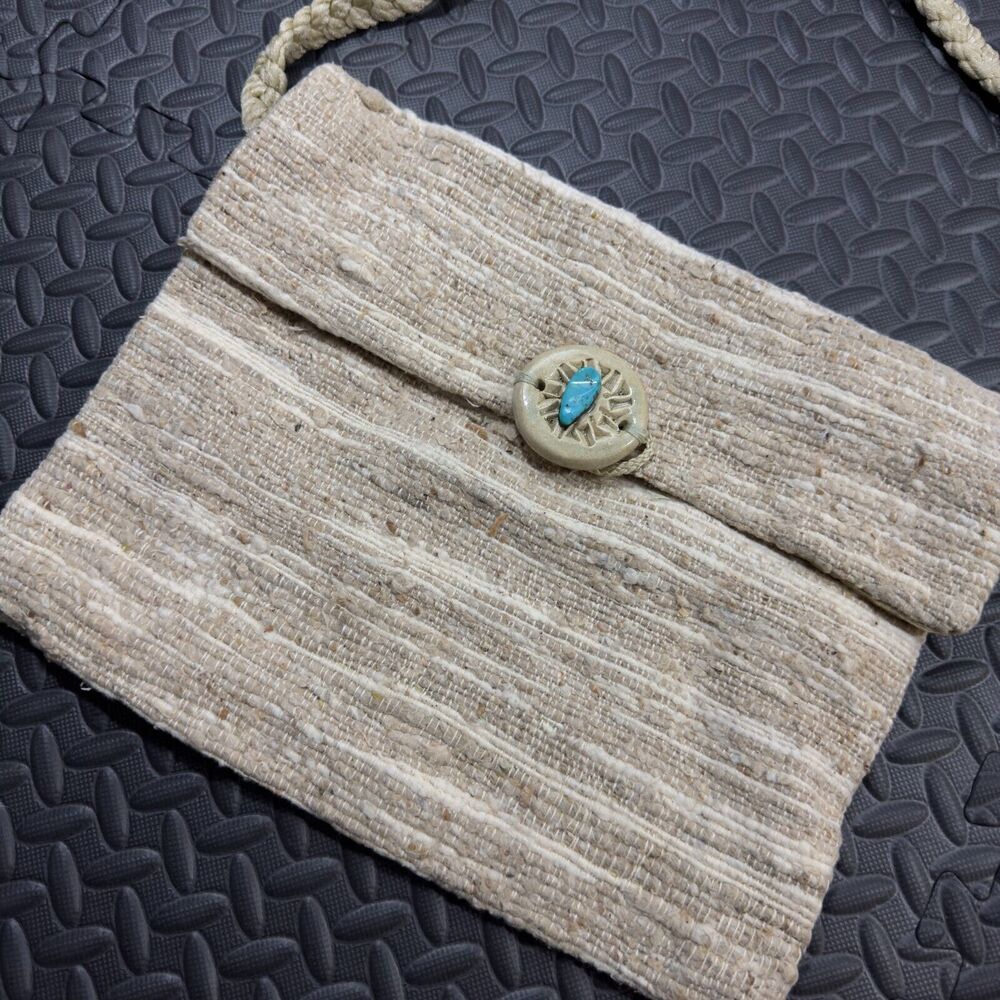 Women's Messenger Shoulder Bag Woven Beige Turquoise Stone Bead Braided Strap - Picture 3 of 8